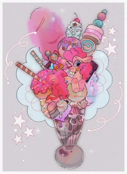 Size: 1490x2036 | Tagged: safe, artist:blairvonglitter, pinkie pie, earth pony, pony, g4, candy, cherry, cotton candy, donut, female, food, ice cream, looking at you, mare, one eye closed, simple background, smiling, smiling at you, solo, sprinkles, stars, straw, tiny, tiny ponies, tongue out, wink, winking at you