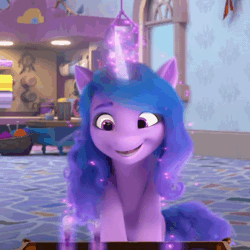 Size: 712x712 | Tagged: safe, screencap, izzy moonbow, pony, unicorn, g5, my little pony: make your mark, my little pony: make your mark chapter 1, spoiler:g5, spoiler:my little pony: make your mark, animated, cropped, female, glowing, glowing horn, head tilt, horn, i watch it for the ears, magic, mare, solo, sound, spoon, telekinesis, webm