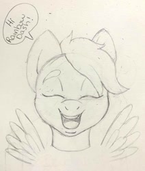 Size: 1080x1273 | Tagged: artist needed, safe, scootaloo, pegasus, pony, g4, bust, cute, cutealoo, dialogue, disembodied head, eyebrows, eyes closed, female, filly, floating wings, foal, grayscale, happy, monochrome, open mouth, open smile, pencil drawing, simple background, sketch, smiling, solo, spread wings, talking, teeth, traditional art, white background, wings