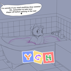 Size: 800x800 | Tagged: safe, artist:binkyroom, pony, ashamed, bathroom, bathtub, commission, covering mouth, cute, diaper, impossibly large diaper, looking sideways, non-baby in diaper, oops, scared, solo, speech bubble, text, your character here