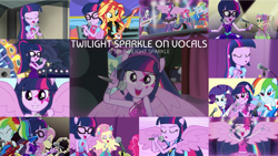 Size: 1280x721 | Tagged: safe, edit, edited screencap, editor:quoterific, screencap, fluttershy, pinkie pie, rainbow dash, rarity, sci-twi, sunset shimmer, twilight sparkle, human, equestria girls, equestria girls specials, g4, get the show on the road, my little pony equestria girls: better together, my little pony equestria girls: legend of everfree, my little pony equestria girls: rainbow rocks, my little pony equestria girls: rollercoaster of friendship, my little pony equestria girls: spring breakdown, my little pony equestria girls: summertime shorts, perfect day for fun, shake your tail, bass guitar, cute, drum kit, drums, drumsticks, electric guitar, eyes closed, female, geode of empathy, geode of telekinesis, glasses, guitar, legend you were meant to be, magical geodes, microphone, musical instrument, open mouth, open smile, photo booth (song), ponied up, ponytail, school bus, singing, smiling, spread wings, tambourine, text, twiabetes, welcome to the show, wings