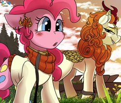 Size: 3500x3000 | Tagged: safe, artist:brainiac, autumn blaze, pinkie pie, earth pony, kirin, pony, g4, :o, autumnpie, blushing, clothes, collar, crack shipping, ear piercing, earring, female, grin, high res, jewelry, leash, lesbian, mare, open mouth, pet play, piercing, shipping, smiling, sweater