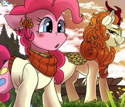 Size: 3500x3000 | Tagged: safe, alternate version, artist:brainiac, autumn blaze, pinkie pie, earth pony, kirin, pony, g4, :o, autumnpie, blushing, clothes, collar, ear piercing, earring, female, grin, high res, jewelry, lesbian, mare, open mouth, piercing, shipping, smiling, sweater