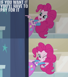 Size: 1920x2163 | Tagged: safe, edit, edited screencap, editor:quoterific, screencap, pinkie pie, human, equestria girls, g4, guitar centered, my little pony equestria girls: rainbow rocks, cute, diapinkes, female, grin, one eye closed, open mouth, open smile, smiling, solo, text, wink