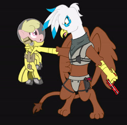 Size: 2260x2221 | Tagged: safe, artist:irkengeneral, oc, oc only, oc:henrietta firebright, oc:puppysmiles, earth pony, griffon, pony, fallout equestria, fallout equestria: pink eyes, bag, black background, fallout, fanfic, fanfic art, female, filly, foal, gun, handgun, hazmat suit, hooves, open mouth, pistol, saddle bag, simple background, weapon, wings