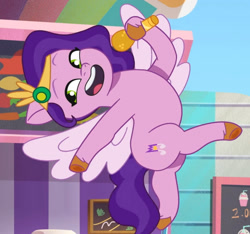 Size: 1766x1651 | Tagged: safe, screencap, pipp petals, pegasus, pony, g5, my bananas, my little pony: tell your tale, spoiler:g5, spoiler:my little pony: tell your tale, spoiler:tyts01e21, cropped, female, flying, headband, jewelry, mare, microphone, open mouth, open smile, raised leg, regalia, smiling, solo, spread wings, wings