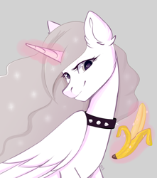 Size: 3300x3740 | Tagged: safe, artist:ske, princess celestia, alicorn, pony, princess molestia, g4, banana, choker, chokerlestia, food, high res, solo, spiked choker