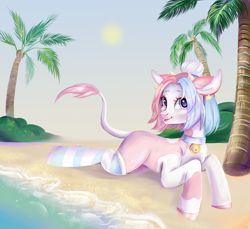 Size: 4200x3840 | Tagged: safe, artist:ske, oc, oc only, cow, cow pony, earth pony, hybrid, pony, beach, bell, bell collar, clothes, collar, leonine tail, looking at you, palm tree, raspberry, smiling, socks, solo, striped socks, sun, tail, tongue out, tree