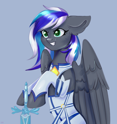 Size: 4200x4440 | Tagged: safe, artist:ske, oc, oc only, oc:flaming dune, pegasus, pony, bust, clothes, commission, dress, female, floppy ears, looking at someone, mare, simple background, smiling, solo, sword, weapon, wings