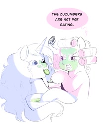 Size: 1009x1200 | Tagged: safe, artist:aztrial, izzy moonbow, pipp petals, pegasus, pony, unicorn, g5, bowl, cucumber, dialogue, duo, eating, female, food, hair curlers, herbivore, limited palette, mare, mouth hold, mud mask, simple background, speech bubble, white background