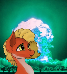 Size: 2420x2680 | Tagged: safe, artist:aquamuro, oc, oc only, oc:posada, seapony (g4), equestria at war mod, bust, colored sketch, fanart, female, happy, high res, mare, nuclear explosion, nuclear weapon, portrait, proud, seapony oc, sketch, smiling, thousand yard stare, weapon, yellow eyes, yellow mane
