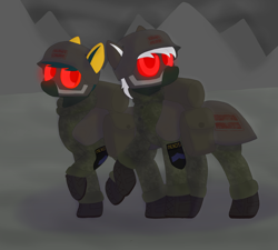 Size: 5000x4500 | Tagged: safe, artist:suidian, oc, earth pony, pony, fallout equestria, armor, bag, boots, camouflage, clothes, duo, equal sign, equality, helmet, masks, saddle bag, shoes