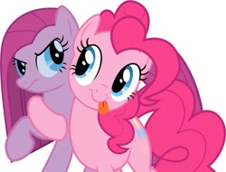 Size: 790x600 | Tagged: source needed, safe, pinkie pie, earth pony, pony, g4, :p, duality, duo, female, hug, looking at each other, looking at someone, mare, photoshop, pinkamena diane pie, simple background, tongue out, white background