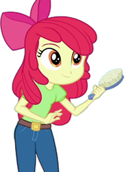 Size: 976x1319 | Tagged: safe, edit, edited screencap, screencap, apple bloom, human, best in show: the pre-show, equestria girls, g4, spoiler:eqg series (season 2), apple bloom's bow, background removed, belt, bow, brush, clothes, denim, female, hair bow, hairbrush, hips, jeans, pants, red hair, shirt, simple background, solo, t-shirt, transparent background, yellow skin