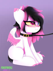 Size: 1604x2160 | Tagged: safe, artist:lunylin, artist:ponipan341, oc, oc only, oc:lunylin, pegasus, pony, blushing, collar, colored belly, dark belly, heterochromia, leash, pegasus oc, pet play, reverse countershading, simple background, small wings, wavy mouth, wings