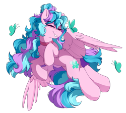 Size: 2343x2100 | Tagged: safe, artist:crimmharmony, oc, oc only, butterfly, pegasus, pony, choker, commission, eyes closed, flying, high res, multicolored mane, simple background, smiling, solo, spread wings, transparent background, wings