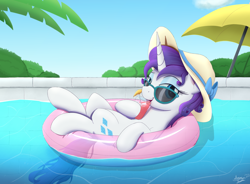 Size: 2000x1471 | Tagged: safe, artist:arcane-thunder, rarity, pony, unicorn, g4, atg 2022, cup, drink, female, hat, horn, inner tube, lidded eyes, looking at you, lying down, mare, newbie artist training grounds, on back, smiling, smiling at you, solo, sun hat, sunglasses, swimming pool, umbrella
