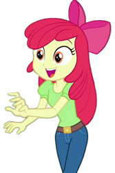 Size: 999x1500 | Tagged: safe, edit, edited screencap, screencap, apple bloom, human, equestria girls, equestria girls specials, g4, my little pony equestria girls: better together, my little pony equestria girls: holidays unwrapped, the cider louse fools, apple bloom's bow, background removed, belt, bow, clothes, denim, hair bow, jeans, open mouth, open smile, pants, red hair, shirt, simple background, smiling, solo, t-shirt, transparent background, yellow skin