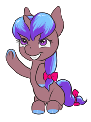 Size: 900x1200 | Tagged: safe, artist:multiverseequine, derpibooru exclusive, oc, oc only, oc:terracotta light, pony, unicorn, bow, colored, colored hooves, daybreak island, female, filly, foal, full body, hair bow, horn, looking up, multicolored hair, pony oc, purple eyes, raised hoof, simple background, sitting, smiling, solo, tail, tail bow, transparent background, waving, young