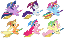 Size: 4881x2940 | Tagged: safe, artist:lillyleaf101, applejack, fluttershy, pinkie pie, rainbow dash, rarity, twilight sparkle, alicorn, pony, g4, broom, cute, dashabetes, diapinkes, flying, flying broomstick, hat, jackabetes, mane six, raribetes, shyabetes, simple background, transparent background, twiabetes, twilight sparkle (alicorn), witch hat