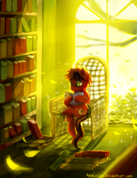Size: 3000x3882 | Tagged: safe, artist:aquagalaxy, oc, oc only, earth pony, pony, book, bookshelf, chair, high res, reading, sitting, solo, window