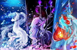 Size: 3000x1941 | Tagged: safe, artist:aquagalaxy, oc, oc only, oc:soul whisperer, oc:tainted purity, fish, original species, pony, unicorn, bubble, clothes, digital art, female, flower, flowing mane, glowing, glowing eyes, high res, looking at you, mare, night, ocean, sketch, smiling, underwater, water