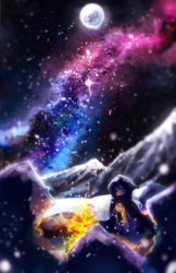 Size: 2000x3090 | Tagged: safe, artist:aquagalaxy, oc, oc only, pony, cloak, clothes, fire, high res, moon, night, poem, snow, snowfall, solo