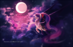 Size: 2300x1488 | Tagged: safe, artist:aquagalaxy, oc, oc only, oc:sweet velvet, bat pony, pony, bow, clothes, eyes closed, female, flying, hair bow, mare, moon, socks, solo