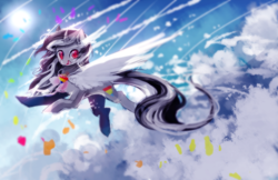 Size: 2600x1682 | Tagged: safe, artist:aquagalaxy, oc, oc only, pony, unicorn, artificial wings, augmented, cloud, cloudy, flying, magic, magic wings, solo, wings