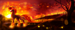 Size: 3000x1199 | Tagged: safe, artist:aquagalaxy, oc, oc only, pony, unicorn, fire, glowing, glowing eyes, scenery, solo