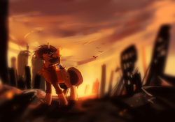 Size: 2000x1400 | Tagged: safe, artist:aquagalaxy, oc, oc only, pony, unicorn, city, clothes, commission, glasses, post-apocalyptic, solo, unshorn fetlocks