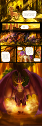 Size: 3000x8800 | Tagged: safe, artist:aquagalaxy, applejack, fluttershy, rarity, spike, dragon, earth pony, pony, unicorn, comic:a forgotten tragedy, g4, absurd resolution, alternate hairstyle, comic, forest, size difference, spikezilla, winged spike, winged spikezilla, wingless, wings