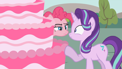 Size: 1920x1080 | Tagged: safe, artist:agrol, pinkie pie, starlight glimmer, earth pony, pony, unicorn, g4, cake, caught, detailed background, female, food, glare, make your cake, mare, raised hoof