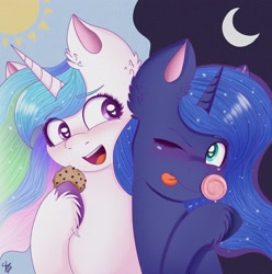 Size: 2524x2544 | Tagged: safe, artist:galaxy swirl, princess celestia, princess luna, alicorn, pony, :p, candy, cookie, cute, cutelestia, ethereal mane, food, hoof hold, lollipop, lunabetes, moon, one eye closed, royal sisters, siblings, sisters, smiling, sun, tongue out, unshorn fetlocks, wink