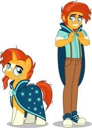 Size: 2899x4000 | Tagged: safe, artist:orin331, sunburst, human, pony, unicorn, equestria girls, g4, blaze (coat marking), brooch, cape, clothes, coat markings, converse, cute, duo, equestria girls-ified, facial hair, facial markings, glasses, grin, human ponidox, jewelry, male, nervous, nervous smile, self paradox, self ponidox, shadow, shoes, simple background, smiling, socks (coat markings), sunbetes, sunburst's brooch, suspenders, transparent background, wizard robe