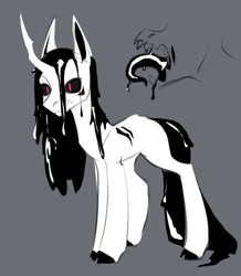 Size: 639x733 | Tagged: safe, artist:vincher, oc, oc:neeble, monster pony, pony, unicorn, black saliva, black sclera, black tongue, cloven hooves, colored sketch, creepy, crooked horn, dripping, fangs, gooey, gray background, horn, male, male oc, multiple eyes, open mouth, scar, simple background, slime, solo, tail, wet, wet mane, wet tail, white coat
