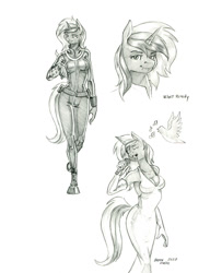 Size: 1050x1368 | Tagged: safe, artist:baron engel, oc, oc only, oc:velvet remedy, unicorn, anthro, unguligrade anthro, fallout equestria, belt, breasts, cleavage, clothes, dress, eyes closed, full body, gloves, grayscale, holding, horn, jumpsuit, looking at you, microphone, monochrome, music notes, open mouth, pencil drawing, pipbuck, raised arm, simple background, singing, smiling, smiling at you, tail, traditional art, unicorn oc, vault suit, walking, white background