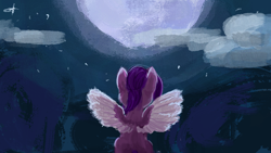 Size: 1280x720 | Tagged: safe, artist:imiya, pipp petals, pegasus, pony, g5, cloud, facing away, female, full moon, mare, moon, night, rear view, sitting, solo, spread wings, stars, wings