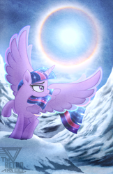 Size: 1992x3077 | Tagged: safe, artist:theretroart88, twilight sparkle, alicorn, pony, g4, crepuscular rays, female, looking back, mare, mountain, paint tool sai, snow, solo, spread wings, sun, twilight sparkle (alicorn), watermark, wings