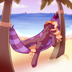 Size: 1024x1024 | Tagged: safe, artist:maeveadair, oc, oc only, oc:raika, earth pony, pony, beach, eyes closed, female, hammock, hooves behind head, lying down, mare, on back, open mouth, palm tree, reclining, smiling, solo, tree