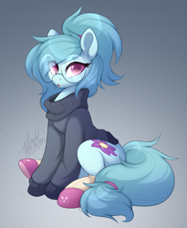 Size: 888x1082 | Tagged: safe, artist:scarlet-spectrum, oc, oc only, oc:whispy slippers, earth pony, pony, clothes, eye clipping through hair, glasses, gradient background, looking at you, open mouth, ponytail, slippers, socks, solo, sweater