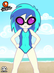 Size: 1920x2600 | Tagged: safe, artist:theminus, dj pon-3, vinyl scratch, human, equestria girls, g4, beach, clothes, female, high res, one-piece swimsuit, solo, swimsuit, younger