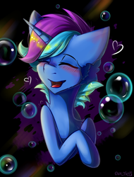 Size: 1980x2604 | Tagged: safe, artist:yuris, oc, oc only, oc:darallex, pony, unicorn, abstract background, blue skin, bubble, bust, commission, eyes closed, horn, male, portrait, simple background, smiling, solo, two toned mane, unicorn oc