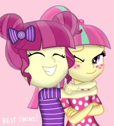 Size: 638x709 | Tagged: safe, artist:suzanflour508, majorette, sour sweet, sweeten sour, human, equestria girls, g4, blushing, eyes closed, female, grin, hug, long lost twins, one eye closed, siblings, sisters, smiling, sweetly and sourly, twin sisters, twins