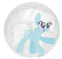 Size: 2292x2177 | Tagged: safe, artist:feather_bloom, oc, oc:feather bloom(fb), oc:feather_bloom, pegasus, pony, hamster ball, high res, joy, silly, simple background, solo, sparkly eyes, wingding eyes