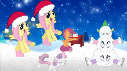 Size: 1280x720 | Tagged: source needed, safe, artist:smoothie belle, fluttershy, pinkie pie, scootaloo, spike, sweetie belle, twilight sparkle, dragon, earth pony, pegasus, pony, unicorn, g4, 2012, animated, christmas, eyes closed, female, filly, flying, foal, frosty the snowman, hat, holiday, horn, ice skates, looking down, looking up, male, mare, musical instrument, night, piano, santa hat, singing, sitting, smiling, snow, snowfall, snowman, song, sound, spike is not amused, spread wings, stars, tree, unamused, unicorn twilight, webm, wings, winter, ytpmv