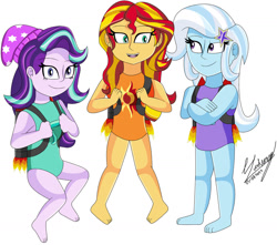 Size: 1280x1133 | Tagged: safe, artist:denisseguadiana, starlight glimmer, sunset shimmer, trixie, human, equestria girls, g4, clothes, flying, jetpack, leotard, simple background, white background