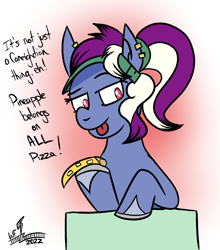 Size: 822x935 | Tagged: safe, artist:whirlwindflux, oc, oc only, oc:single slice, earth pony, pony, female, mare, moral event horizon, pineapple pizza, pure unfiltered evil, solo, tongue out