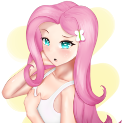 Size: 2946x2946 | Tagged: safe, artist:toffrox, fluttershy, human, g4, bare shoulders, bust, butterfly hairpin, clothes, female, hand on cheek, hand on chest, heart, heart eyes, high res, humanized, looking at you, open mouth, sleeveless, solo, tank top, wingding eyes