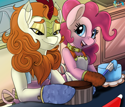 Size: 3500x3000 | Tagged: safe, artist:brainiac, autumn blaze, pinkie pie, earth pony, kirin, pony, semi-anthro, g4, arm hooves, autumnpie, bipedal, collar, crack shipping, duo, duo female, eyebrows, female, high res, lesbian, lidded eyes, mare, open mouth, open smile, shipping, smiling
